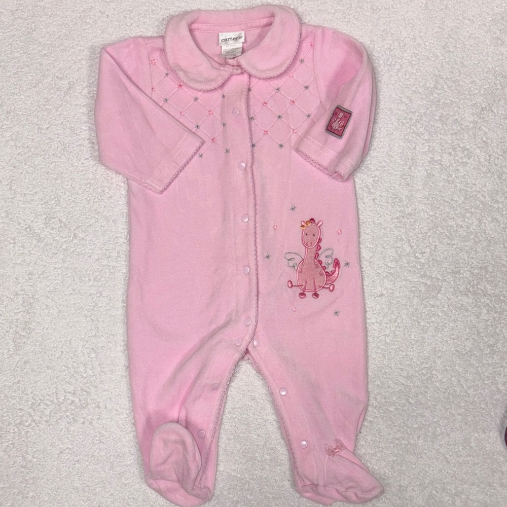 Carter's Pink velour dragon fairytale footie vintage 6/9m